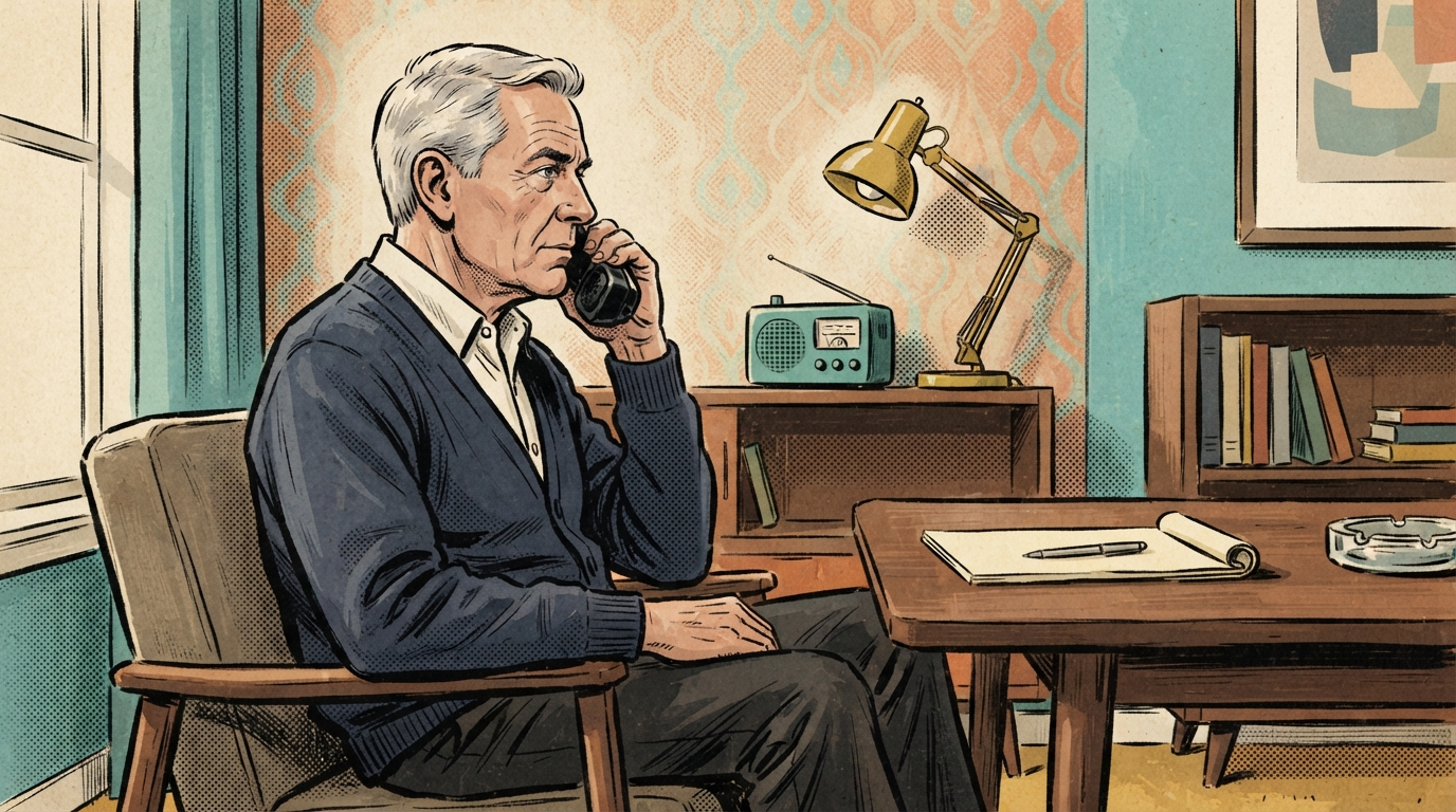 Retro illustration of an older man considering an unexpected telephone call