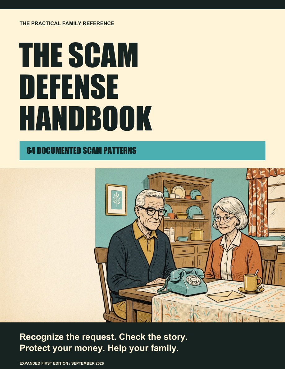 The Scam Defense Handbook cover, illustrated in a warm 1960s print style
